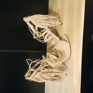 Tan suede fringed heels